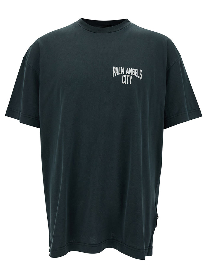 Grey Crewneck T-Shirt With Palm Angels City Print Cotton Man Tshirts And Polo Shirts