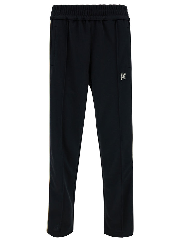 Black Pants With Logo Embroidery And Contrasting Band Tech Fabric Man Polyester Trousers