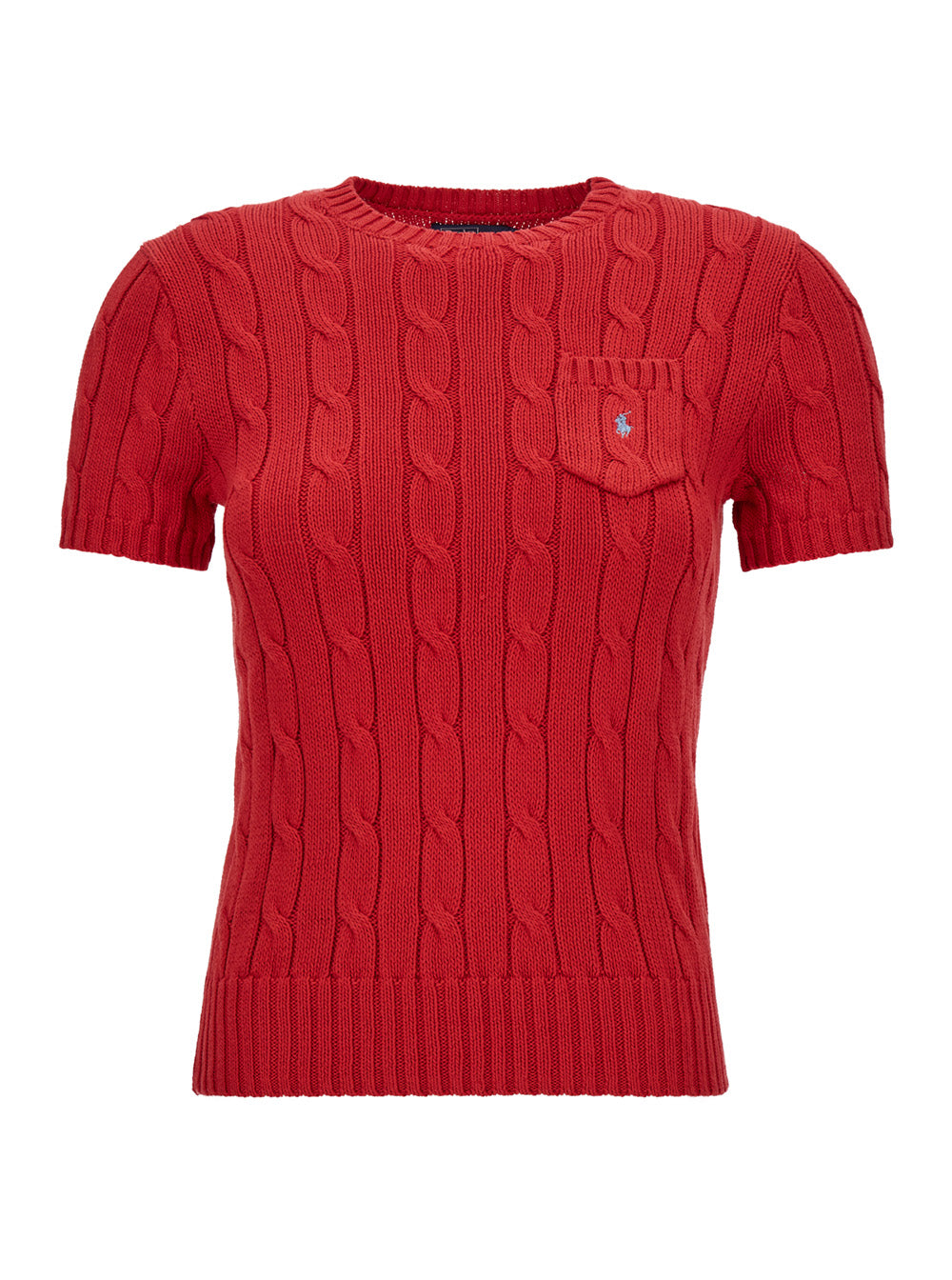 Red Cable Knit T-Shirt With Embroidered Logo Cotton Woman Tshirts And Polo Shirts