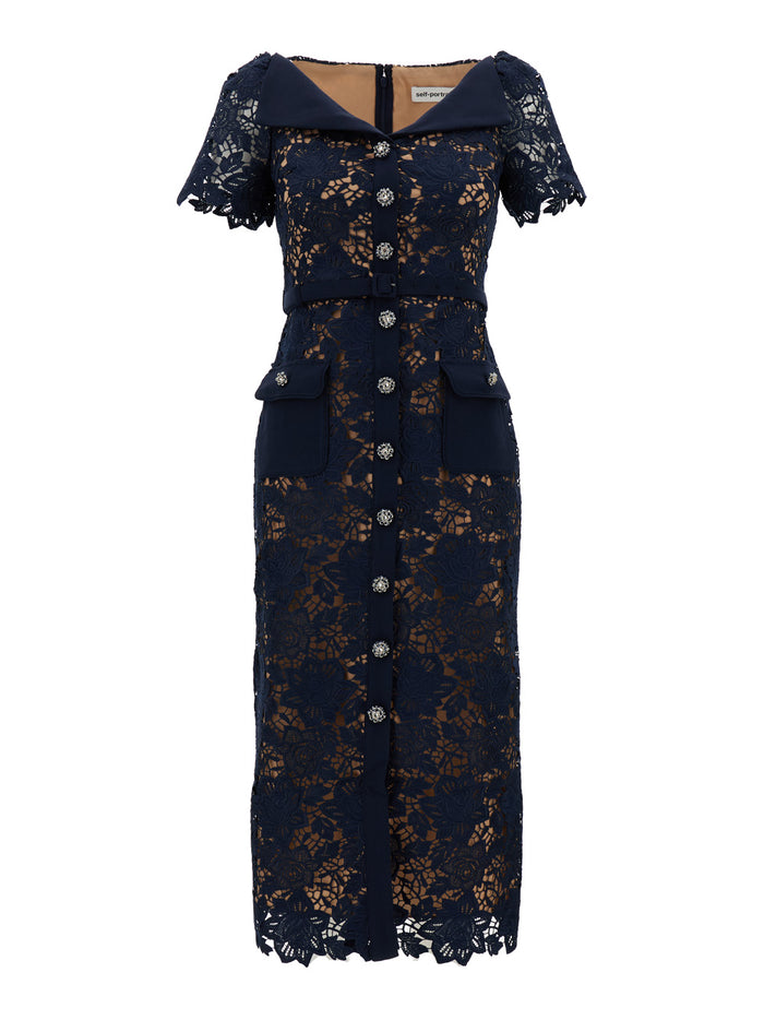 Midi Blue Dress With Jewel Buttons Lace Woman Blu Long