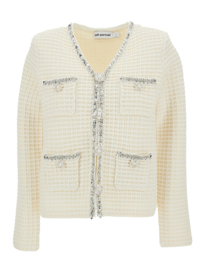 White Single-Breasted Jacket With Beads And Rhinestone Tweed Woman Blazers