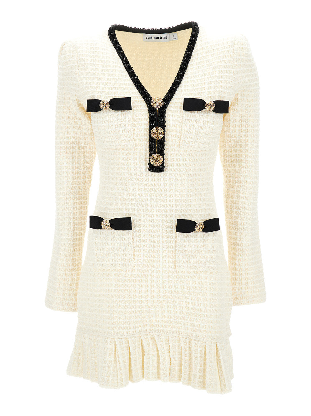 Mini White Dress With Jewel Buttons And Beads Tweed Woman