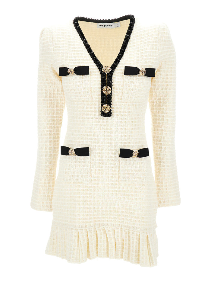 Mini White Dress With Jewel Buttons And Beads Tweed Woman
