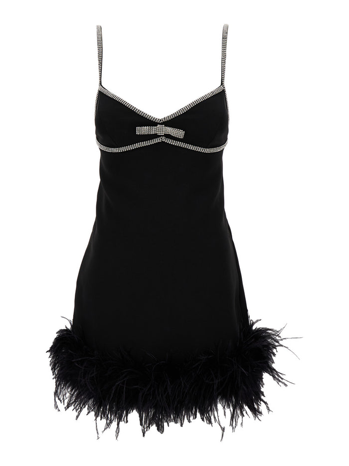 Mini Black Dress With Bow Detail And Feathers Trim Tech Fabric Woman