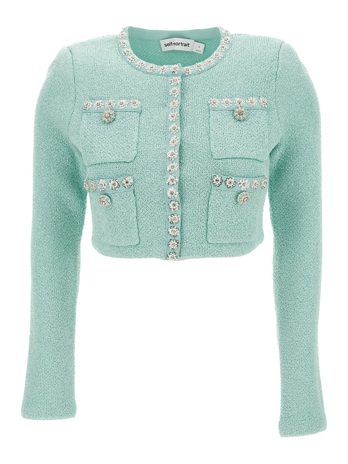 Light Blue Crop Jacket With Jewel Buttons Knit Woman Blazers