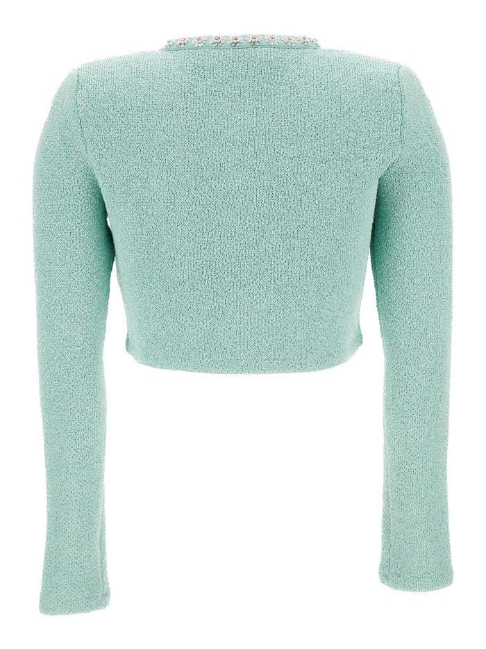 Light Blue Crop Jacket With Jewel Buttons Knit Woman Blazers
