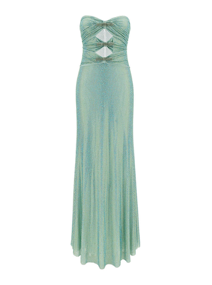 Maxi Green Dress With Cut-Out And All-Over Rhinestones Stretch Fabric Woman