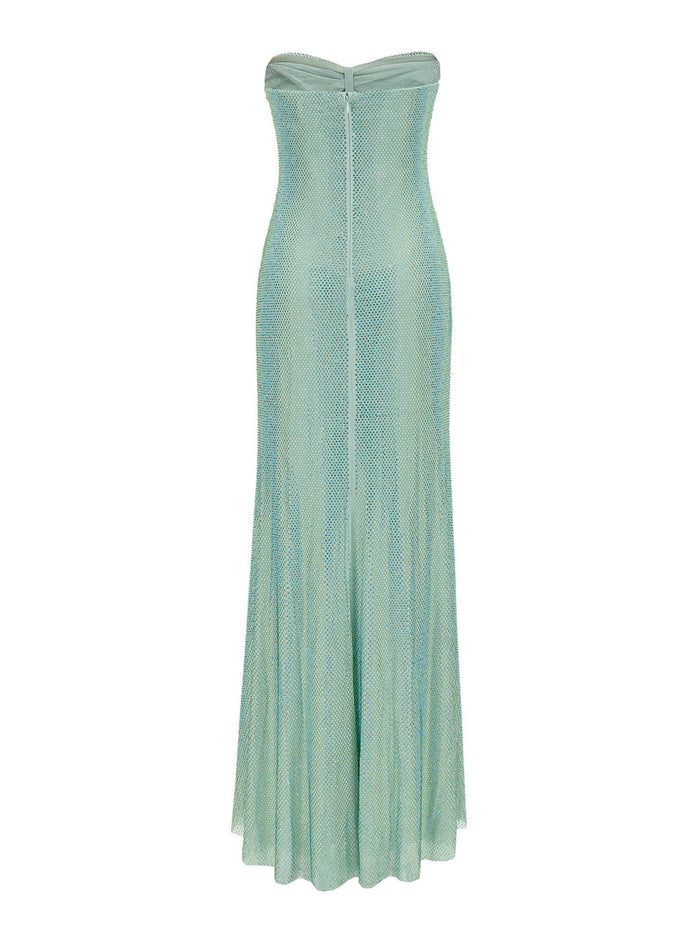 Maxi Green Dress With Cut-Out And All-Over Rhinestones Stretch Fabric Woman