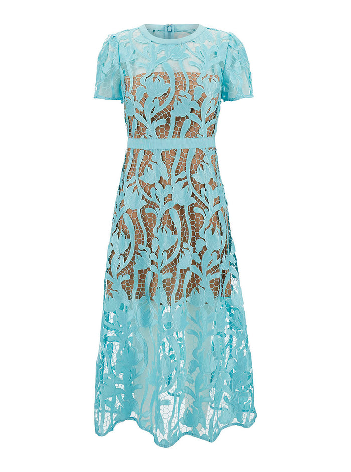 Midi Light Blue Dress With Short Sleeves Floreal Lace Woman Long