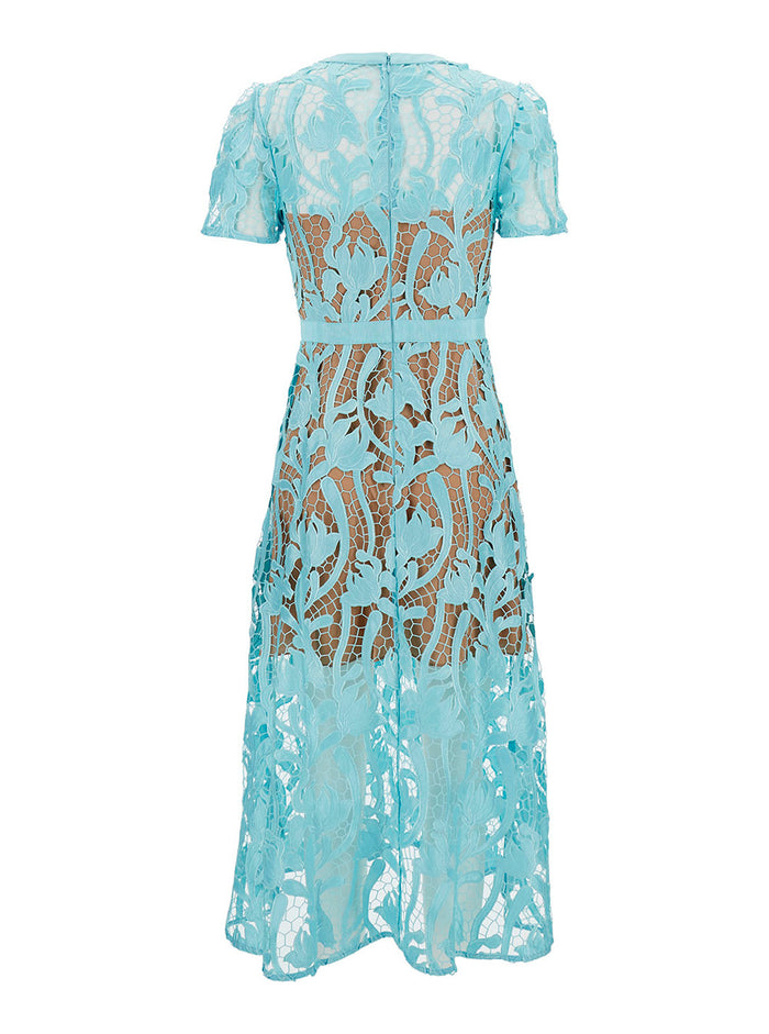 Midi Light Blue Dress With Short Sleeves Floreal Lace Woman Long