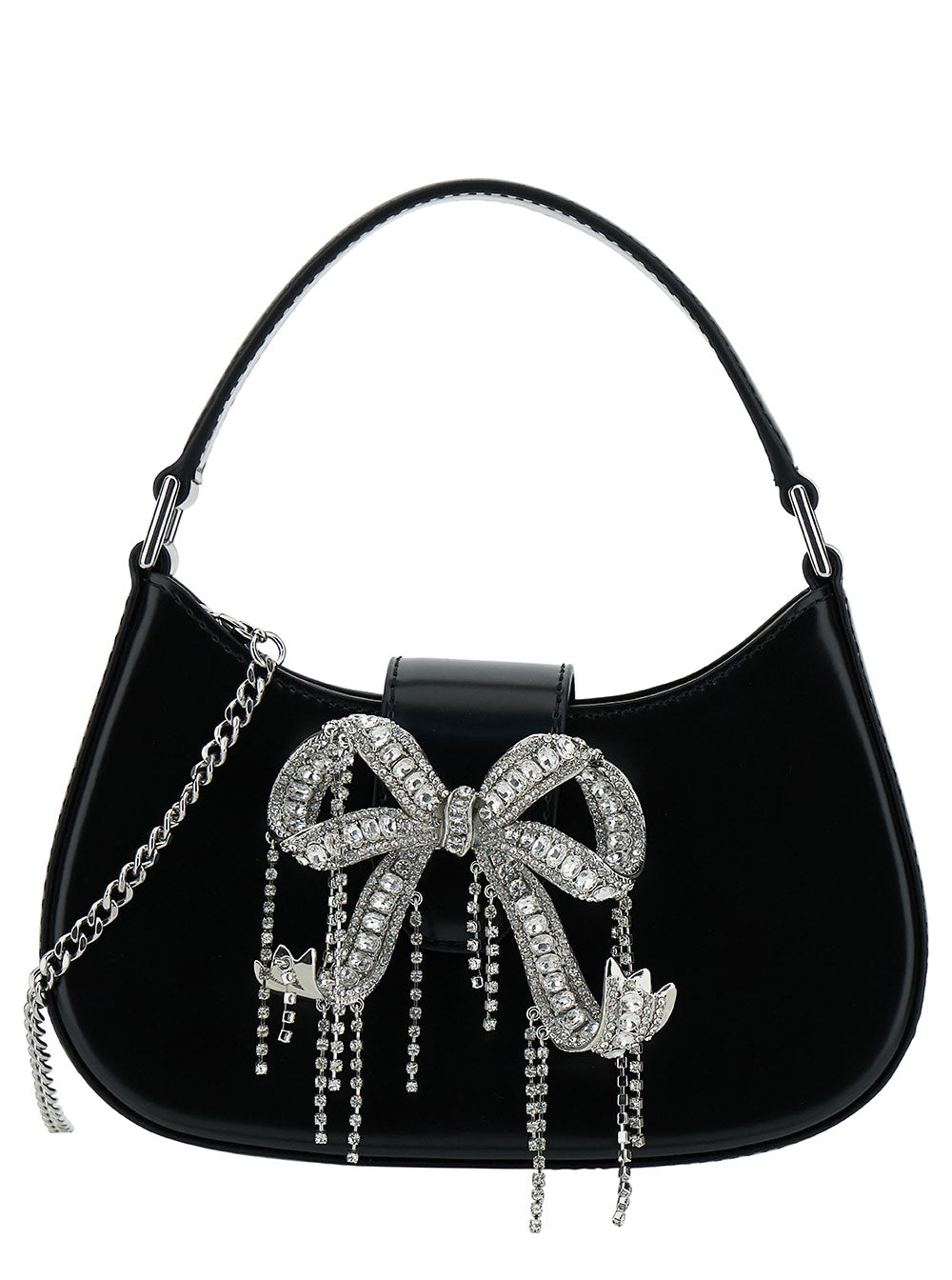 Black Hobo Bag With Swarowski Bow Detail Glossy Leather Woman Cow Shoulder