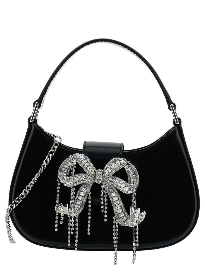 Black Hobo Bag With Swarowski Bow Detail Glossy Leather Woman Cow Shoulder