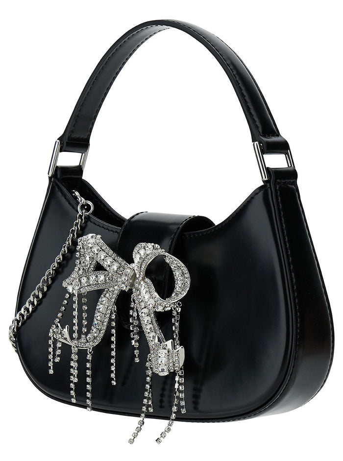 Black Hobo Bag With Swarowski Bow Detail Glossy Leather Woman Cow Shoulder