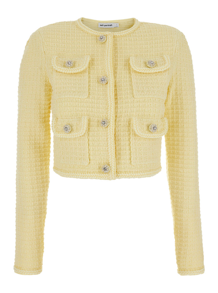 Yellow Crop Cardigan With Jewel Buttons Tweed Woman Blazers