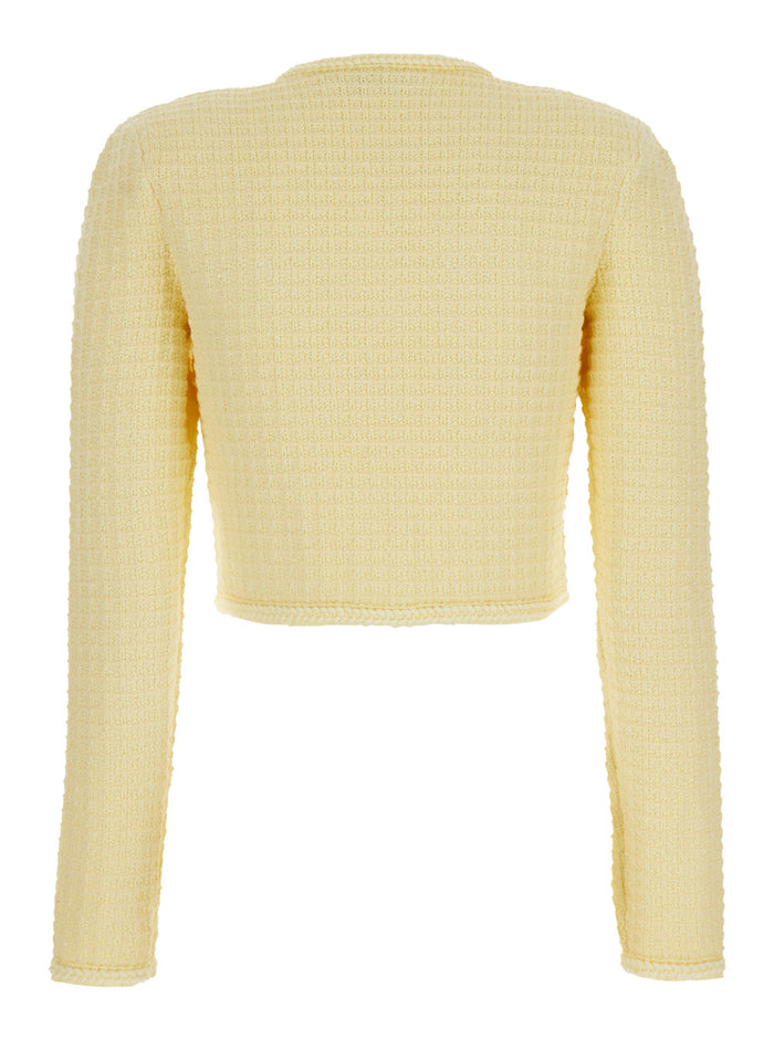 Yellow Crop Cardigan With Jewel Buttons Tweed Woman Blazers