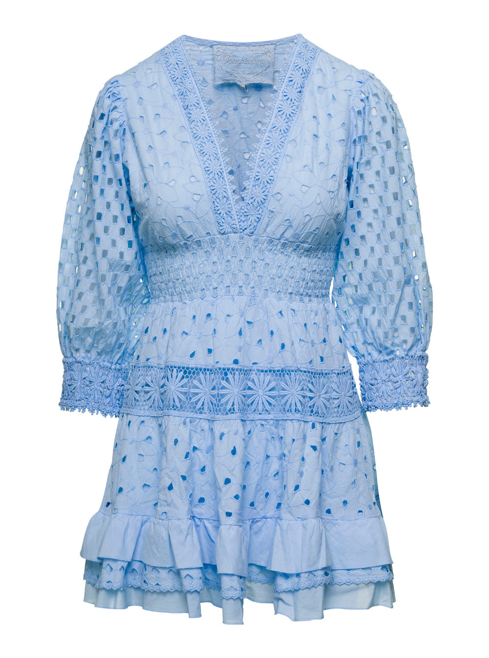 Mini Light Blue Dress With V-Neckline And Embroideries Cotton Lace Woman