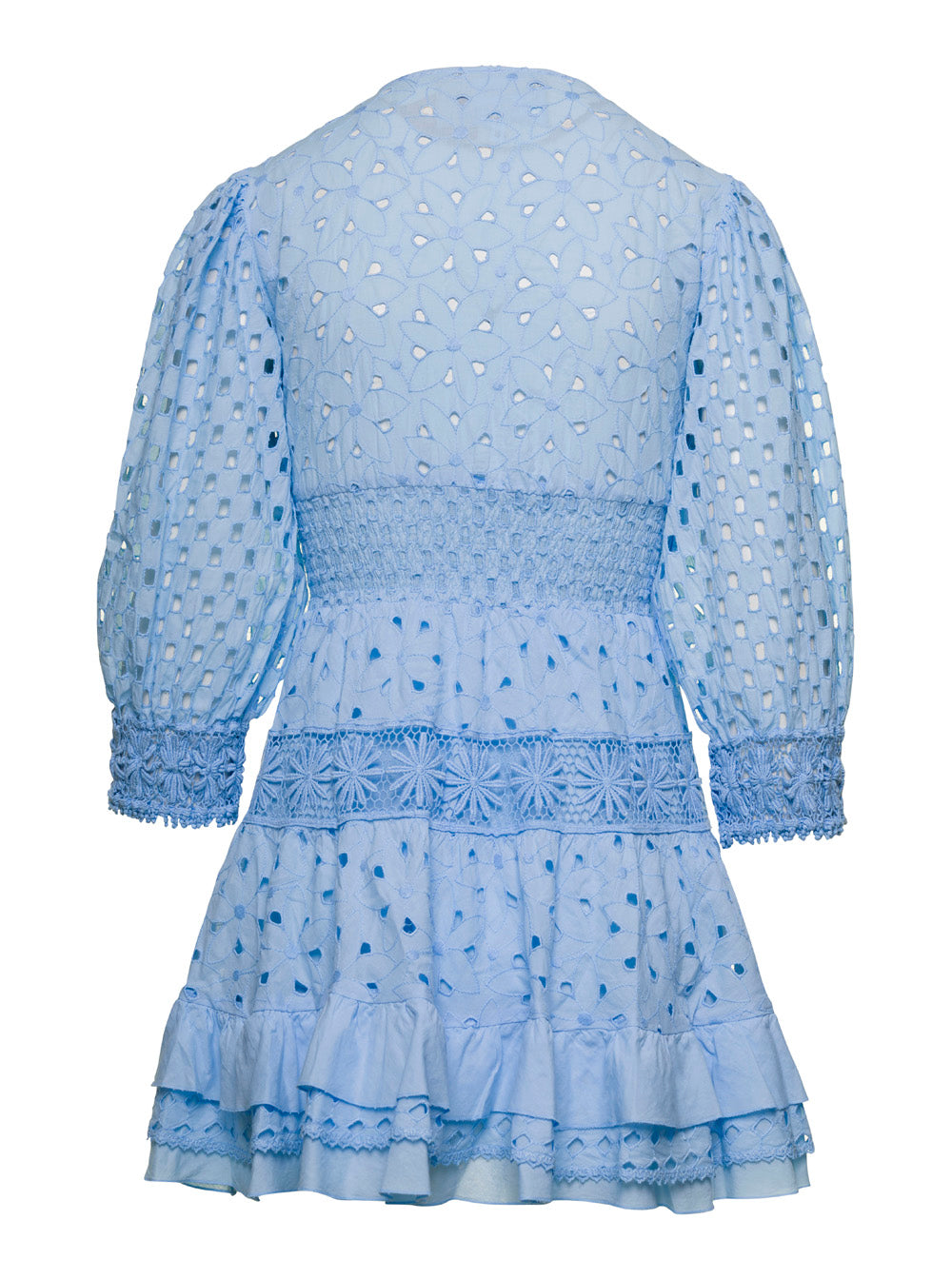 Mini Light Blue Dress With V-Neckline And Embroideries Cotton Lace Woman