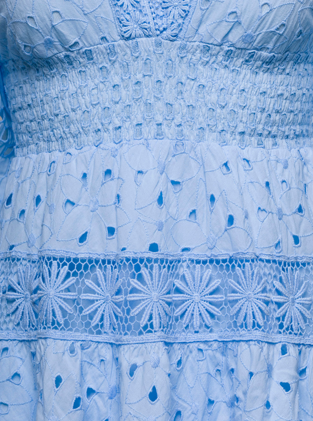 Mini Light Blue Dress With V-Neckline And Embroideries Cotton Lace Woman