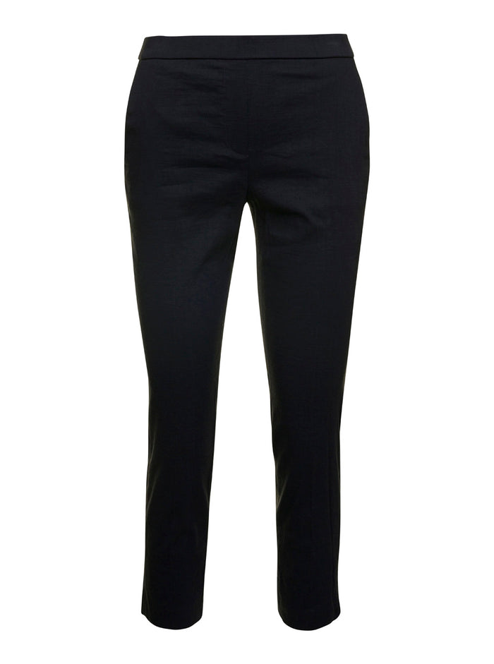 Black Pull On Trousers Linen Stretch Woman Viscose Elastane