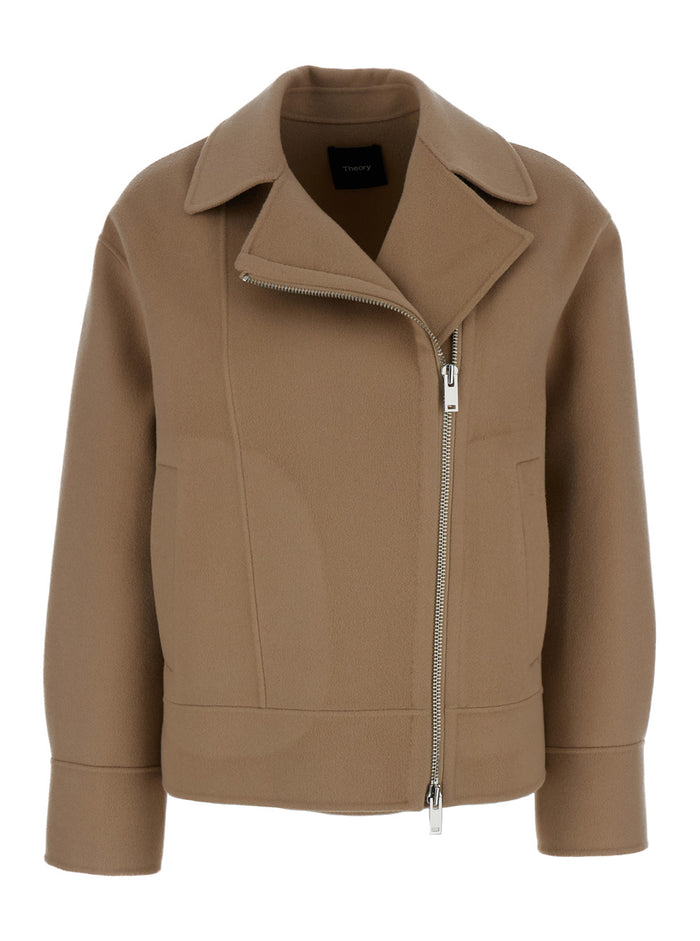 Beige Biker Jacket With Zip Wool And Cashmere Woman