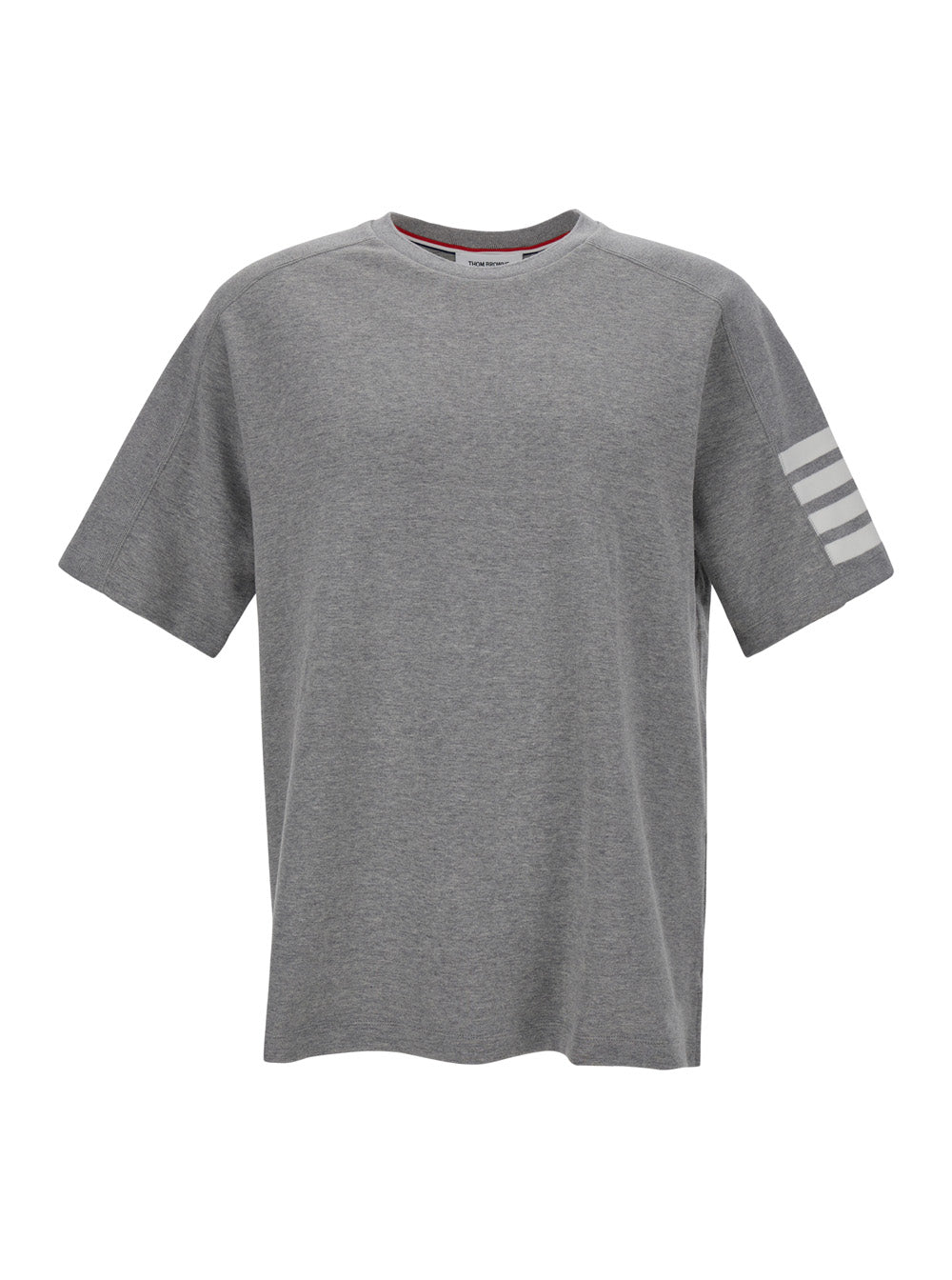 Grey Four-Striped Detail T-Shirt Cotton Man Tshirts And Polo Shirts