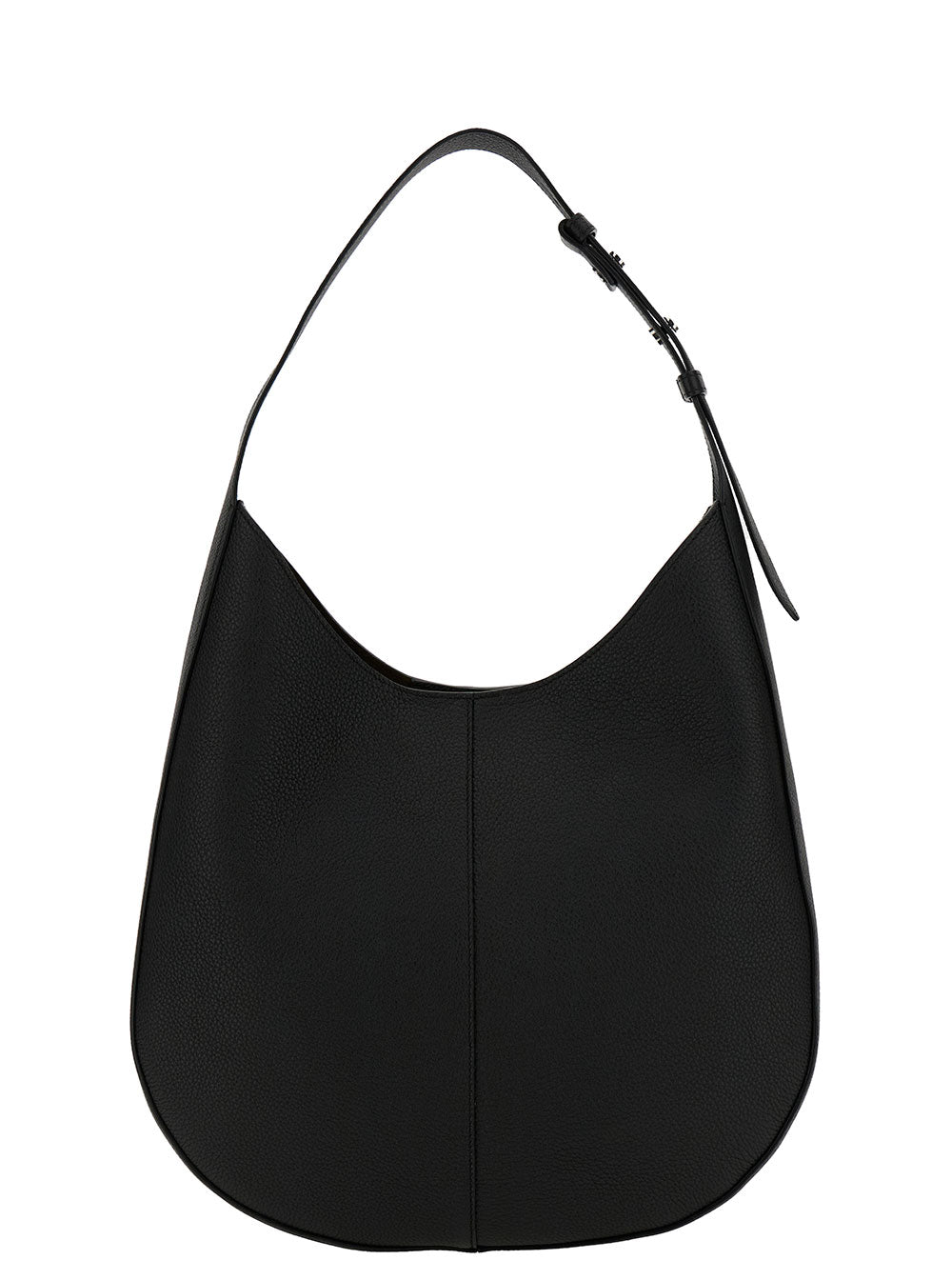 Black Hobo Handbag With Tonal Embossed Logo Grainy Hammered Woman Calf Hand Bags