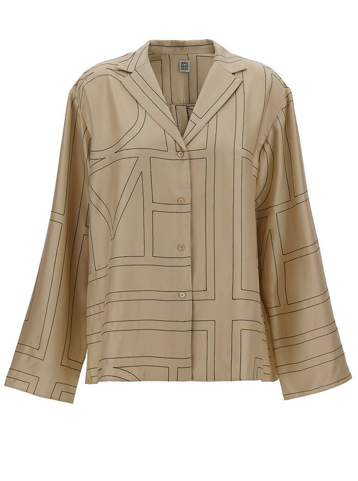 Beige Shirt With All-Over Monogram Print Silk Woman And Blouses