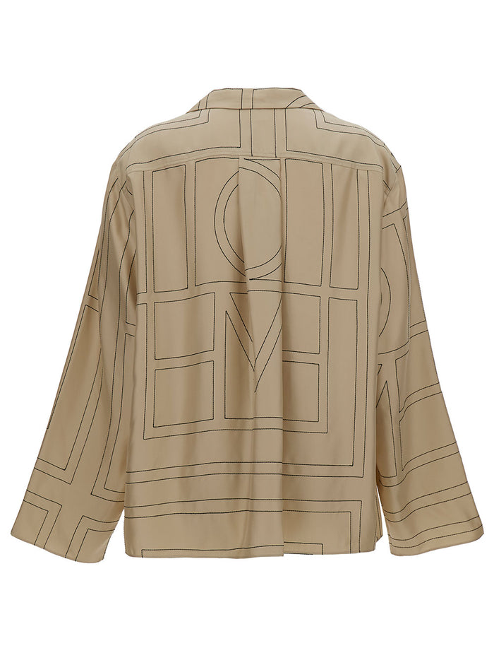 Beige Shirt With All-Over Monogram Print Silk Woman And Blouses