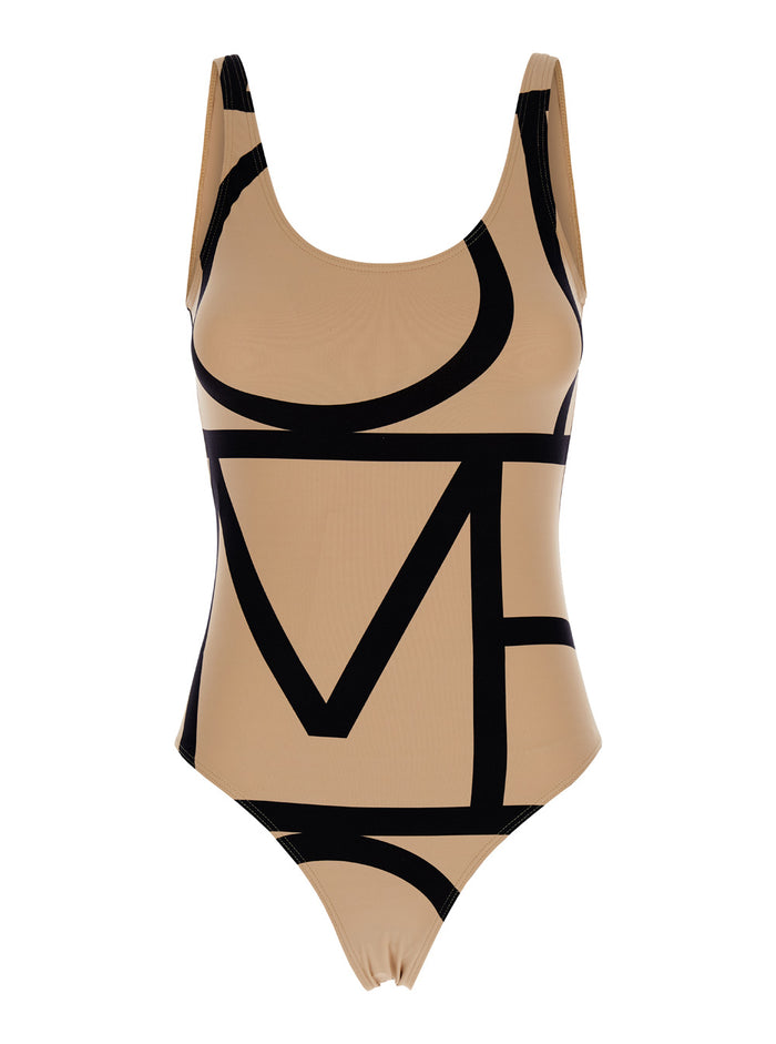 Beige Swimsuit With Black Details Techno Fabric Woman Recycled Polyammide Elastan Beachwear