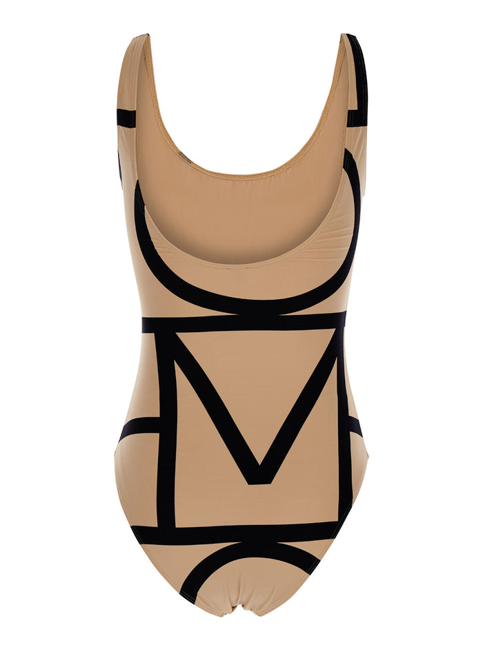 Beige Swimsuit With Black Details Techno Fabric Woman Recycled Polyammide Elastan Beachwear
