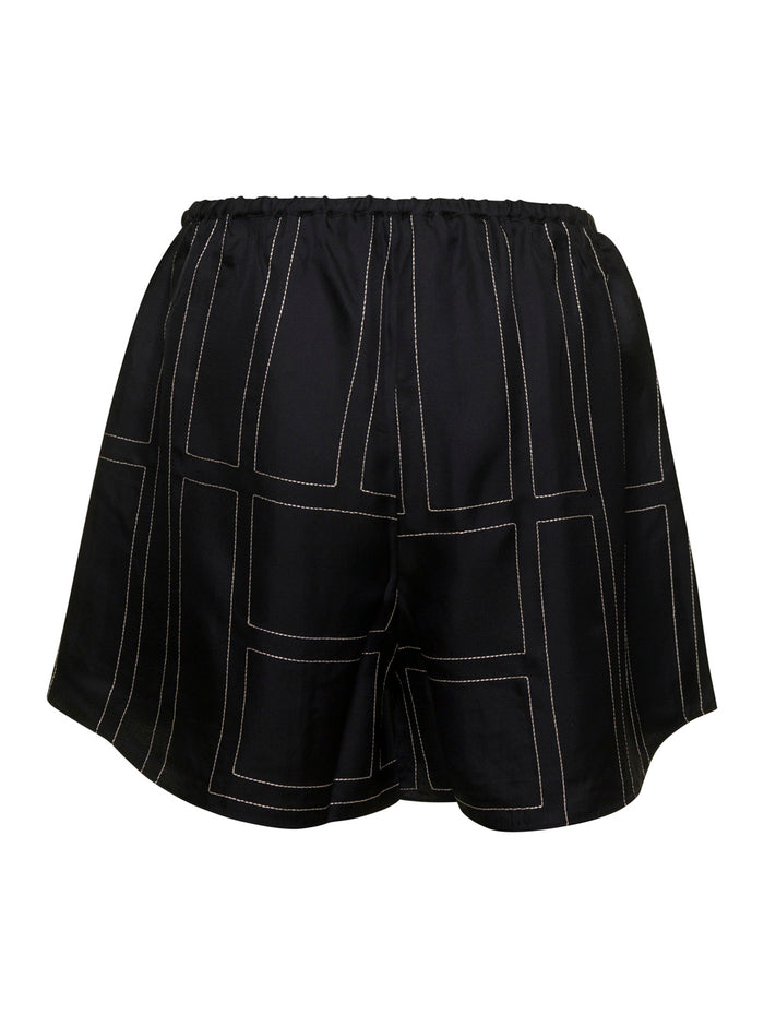 Black Shorts With Geometric Logo Print Silk Woman And Bermuda