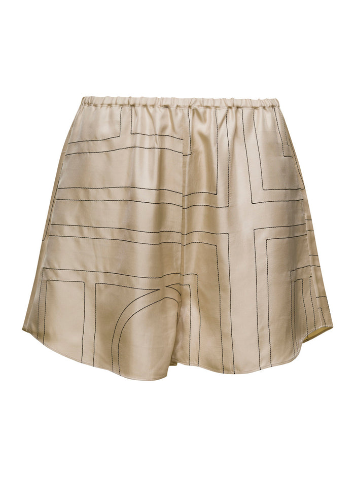 Beige Shorts With Geometric Logo Print Silk Woman And Bermuda