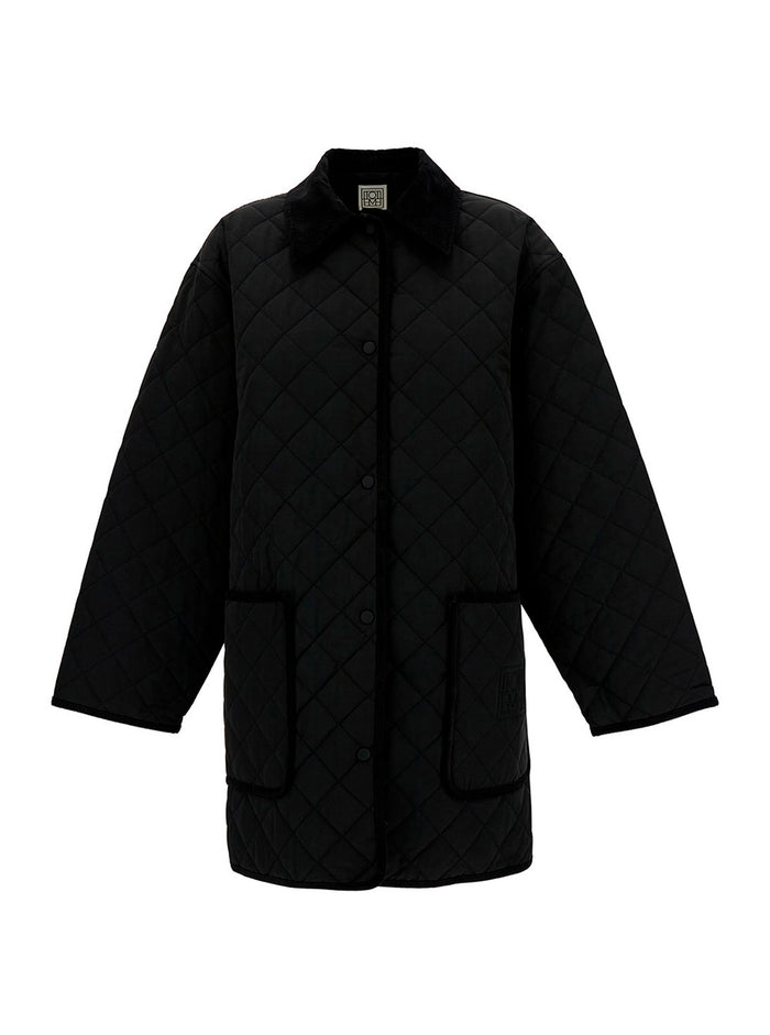 Black Jacket With Collar And Oversized Pockets Quilted Fabric Woman