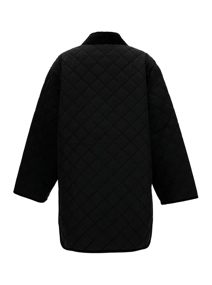 Black Jacket With Collar And Oversized Pockets Quilted Fabric Woman