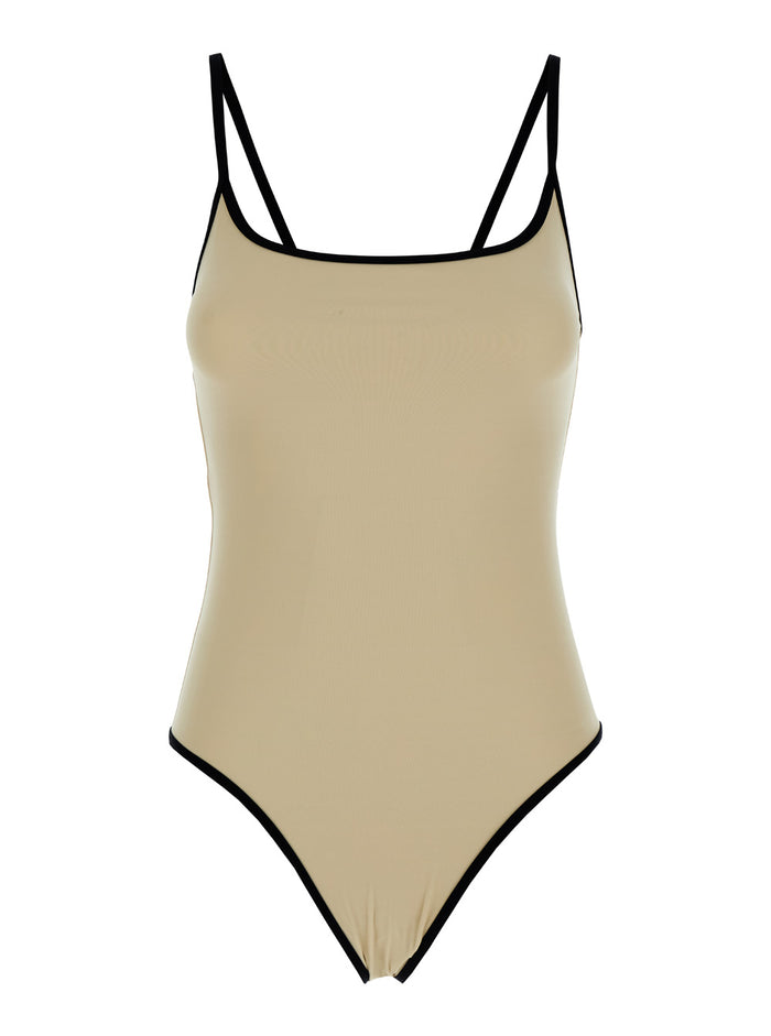 Beige Swimsuit With Shoulder Straps Techno Fabric Woman White Recycled Polyammide Beachwear