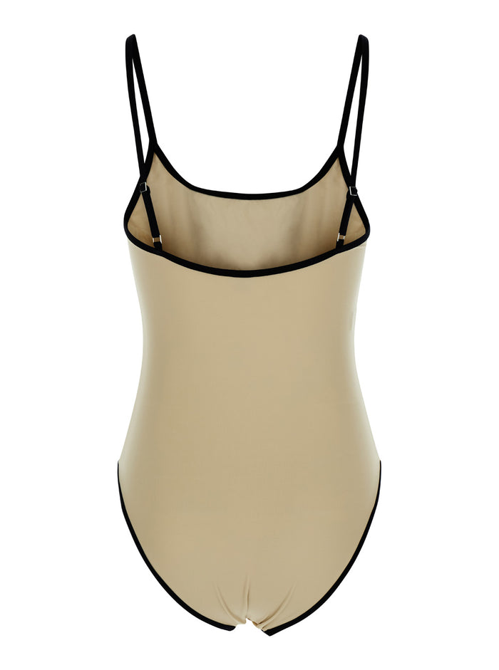 Beige Swimsuit With Shoulder Straps Techno Fabric Woman White Recycled Polyammide Beachwear