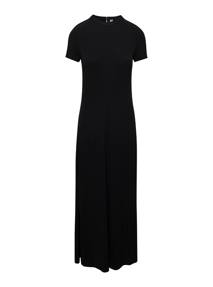 Black Crewneck Fluid Maxi Dress Viscose Woman Polyester