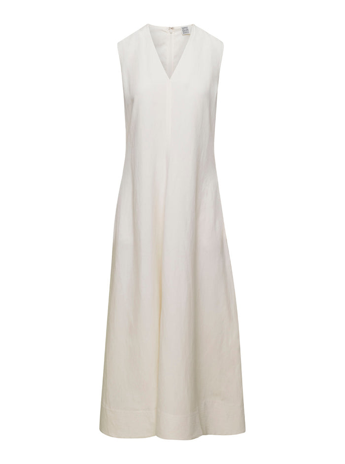 White V-Neck Flared Dress Linen Blend Woman Lyocell Long