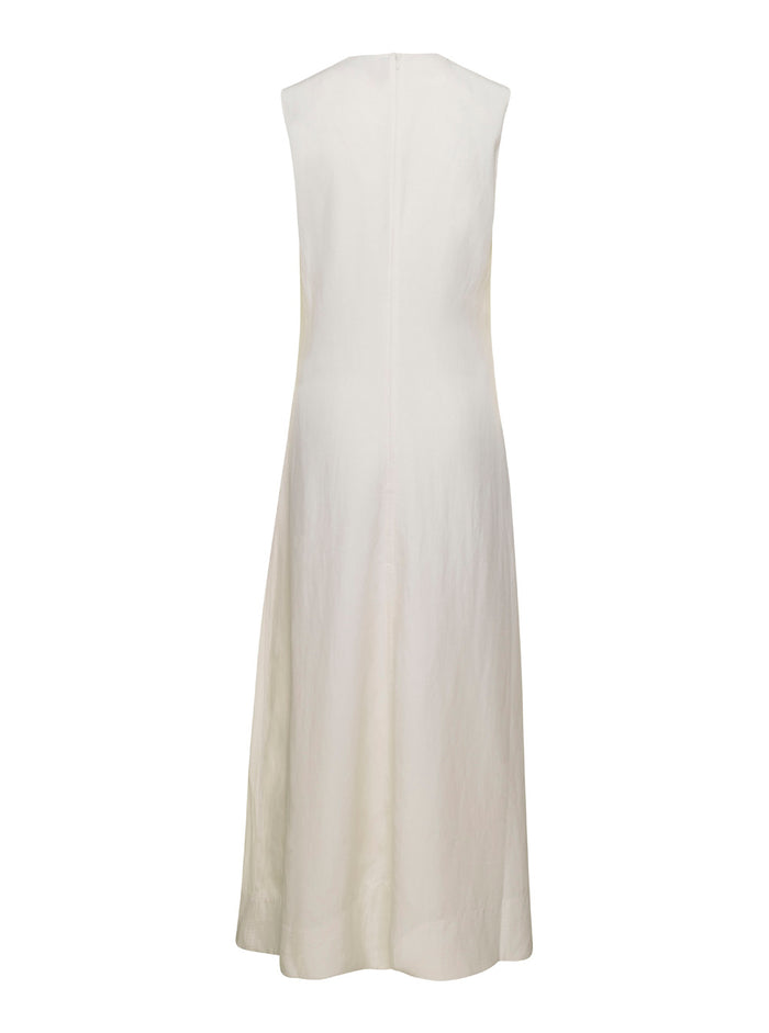 White V-Neck Flared Dress Linen Blend Woman Lyocell Long