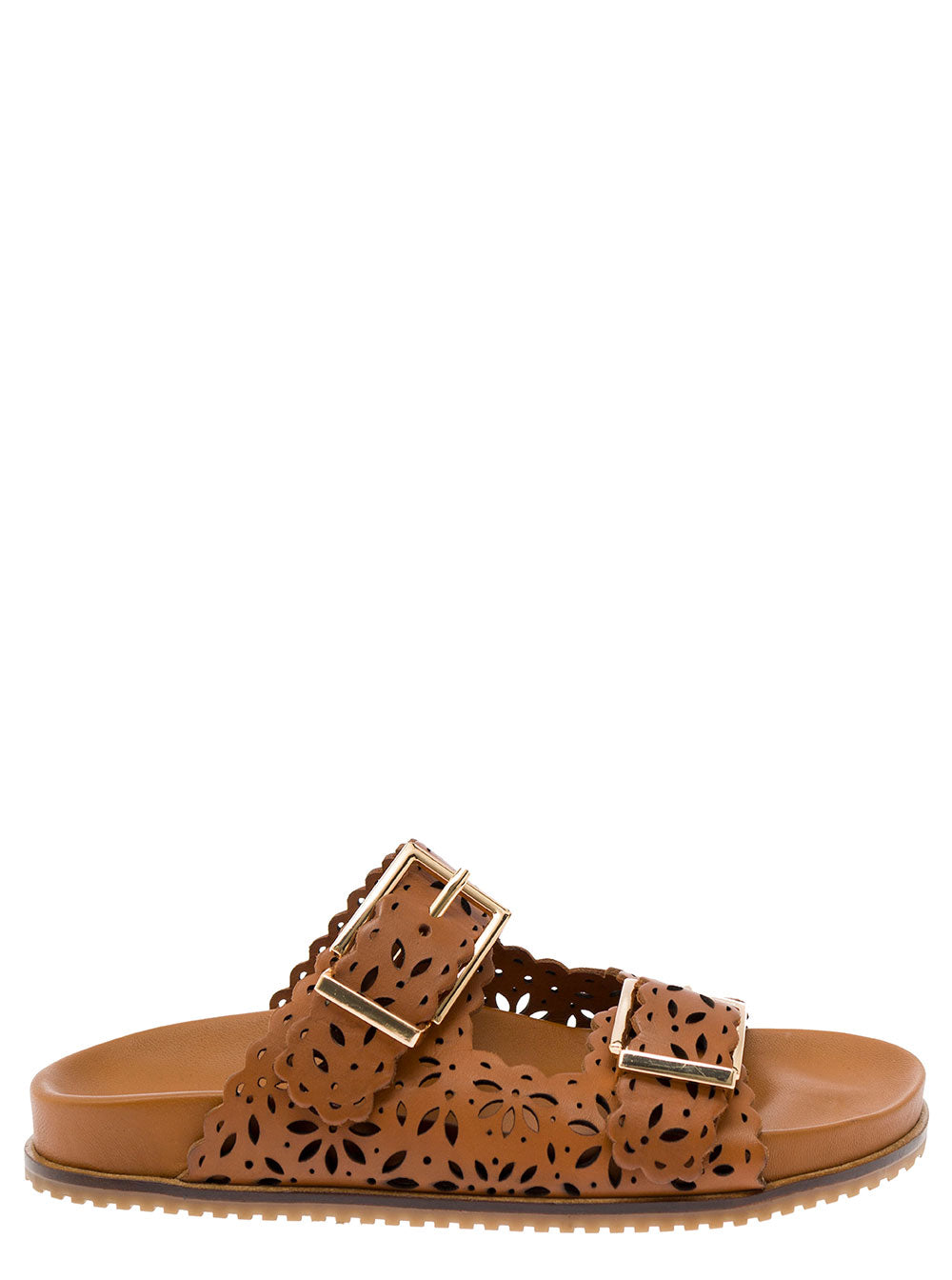 Brown Mules With Double Bukles Leather Woman Bovine Flat Shoes