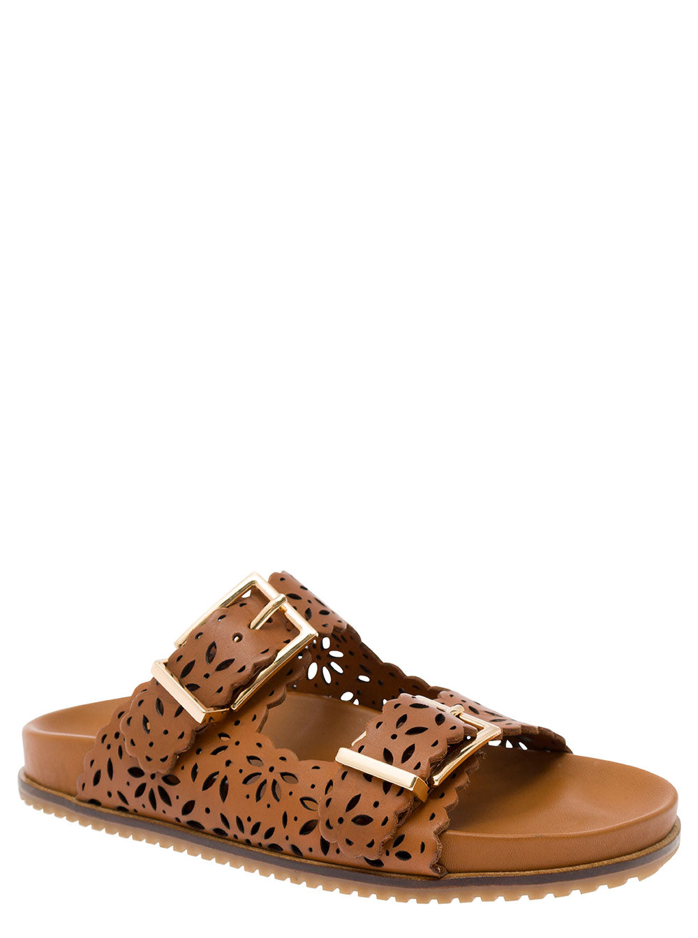 Brown Mules With Double Bukles Leather Woman Bovine Flat Shoes