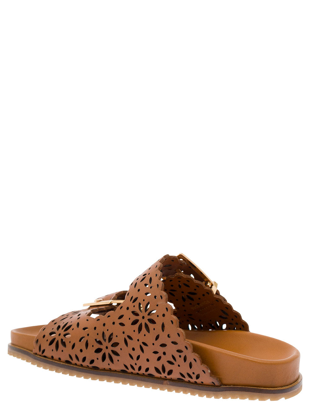 Brown Mules With Double Bukles Leather Woman Bovine Flat Shoes