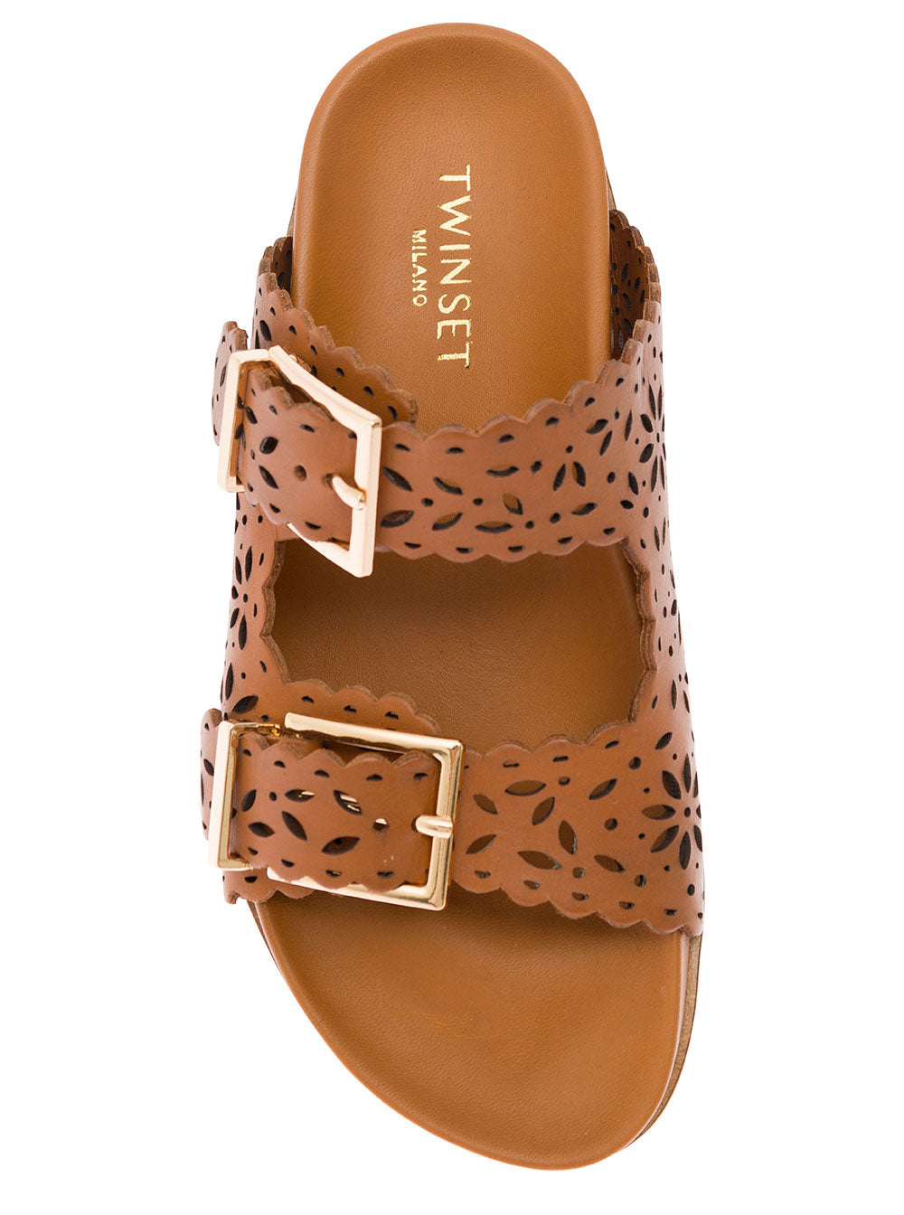 Brown Mules With Double Bukles Leather Woman Bovine Flat Shoes