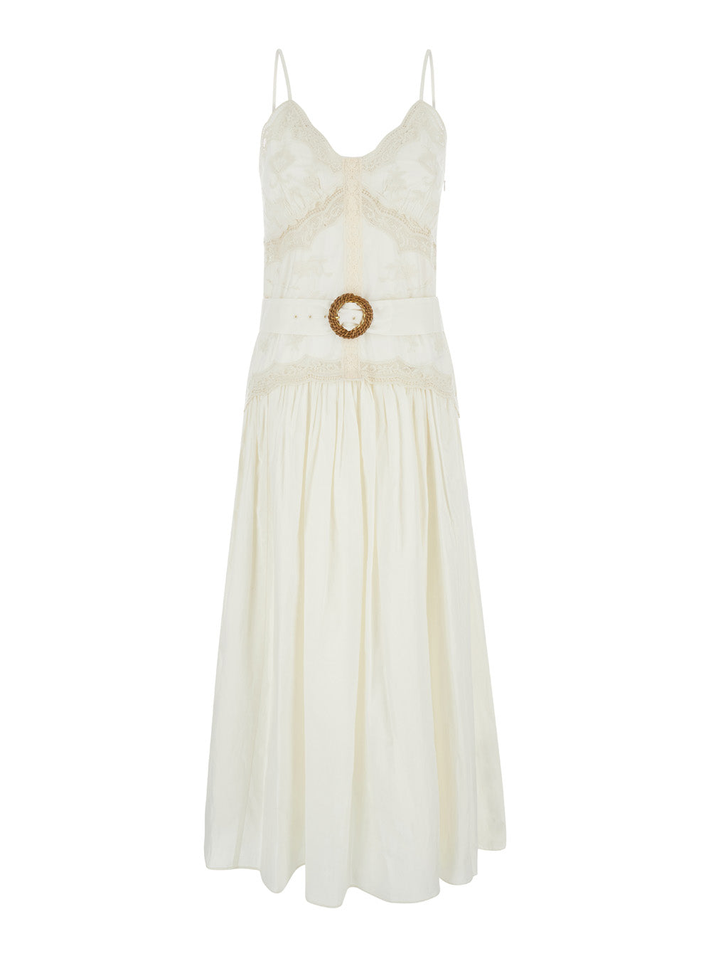 Long Cream White Dress With Embroideries And Matching Belt Cotton Woman