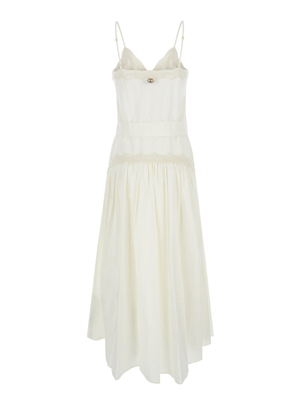 Long Cream White Dress With Embroideries And Matching Belt Cotton Woman
