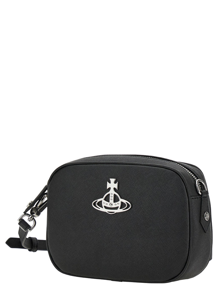 Anna Black Camera Bag With Orb Detail Vegan Leather Man Crossbody