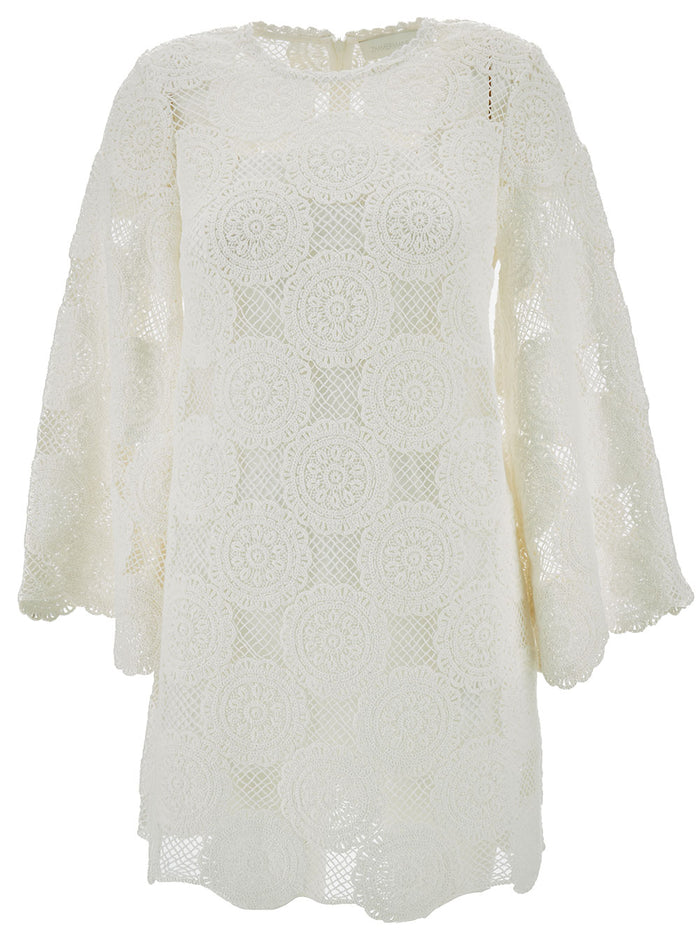 Mini White Dress With Long Sleeves And Slip Guipure Lace Woman Cotton