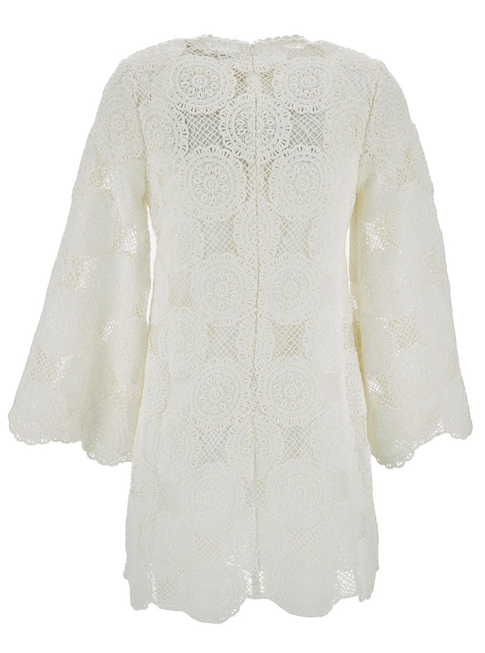 Mini White Dress With Long Sleeves And Slip Guipure Lace Woman Cotton