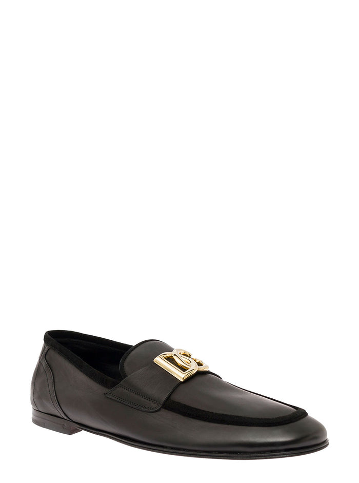 Black Loafers With Interlocking Dg Logo Placque Leather Man Calf