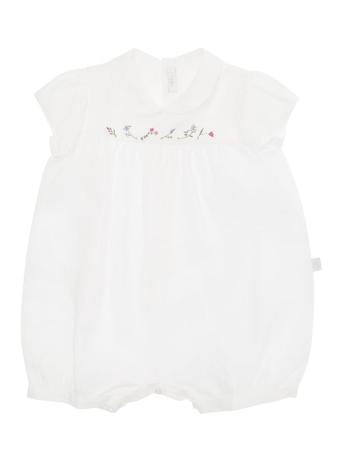 White Romper With Flower Embroideries And Peter-Pan Collar Linen Baby Jumpsuits